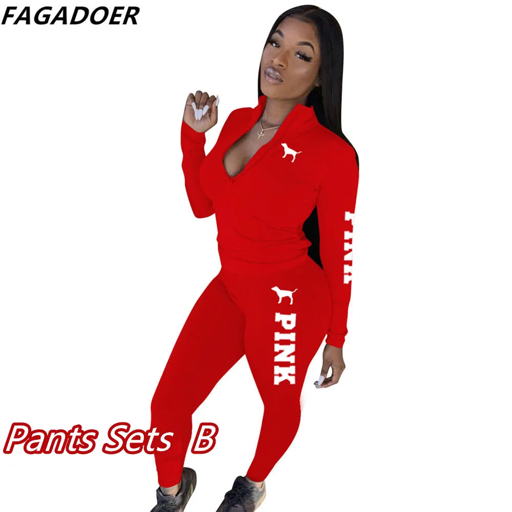 Fagadoer PINK Letter Print Outfits Zip Stand Collar Top + Leggings Pants Casual 2 Piece Set Women Tracksuits Sport Sweat Suits plus size suit sets Suits & Blazers
