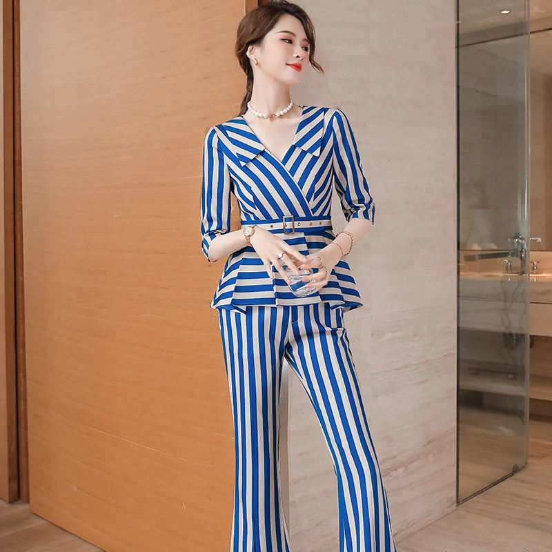 Elegant Striped Half Sleeve Ladies Office Formal Business Work Wear Suits Spring Summer OL Styles Women Professional Blazers Set | Женская