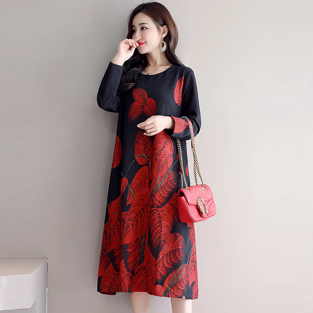 Women Dress Casual Long Sleeve O-Neck Printed Loose Dress Fashion Female Autumn Winter Party Dress Vestidos Plus Size M840