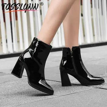 

TASSLYNN 2019 Winter Boots Women Patent Leather Pointed Toe Chelsea Boots Hoof Heels Zip Ankle Boots Sexy Women Shoes Size 34-43