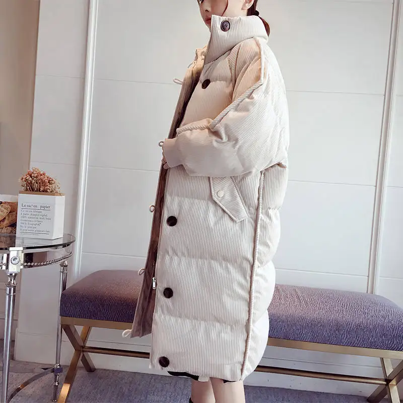 Женская зимняя куртка из плотного вельвета со стоячим воротником, Свободные теплые зимние пальто, длинные парки, куртка с хлопковой подкладкой, стеганые пальто C5981 - Цвет: beige white parkas
