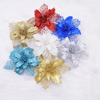 

5pcs 16cm Poinsettia Flower Heads Glitter Artificial Flowers For Christmas Tree Decoration Xmas Ornament DIY Scrapbooking Crafts
