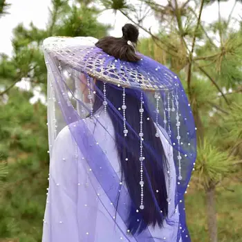 

Chinese Ancient Cap Women Hanfu Hat Tassel Crystal Veil Douli Hat Cosplay Prop Knight Hanfu Hat White&Purple Gift For Women