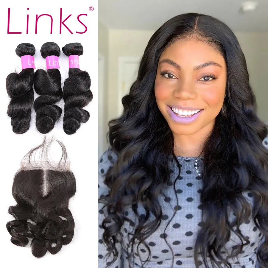 Links Hair 8-30 дюймов Свободные глубокие волнистые пряди 28 30 дюймов Пряди с закрытием Remy бразильские волосы 3 пряди с закрытием
