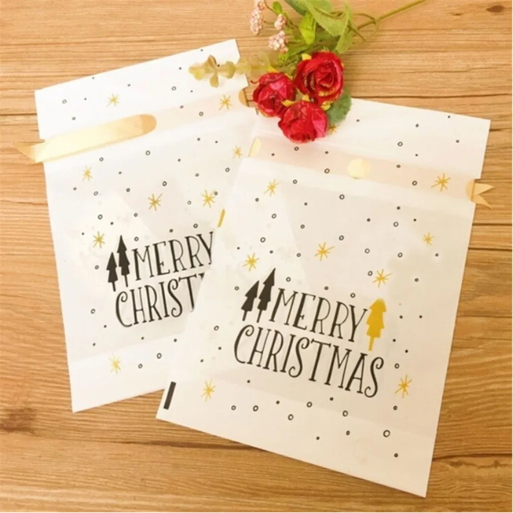 New 50 Pieces White Golden Christmas Tree Merry Christmas Gift Bags Candy Bags