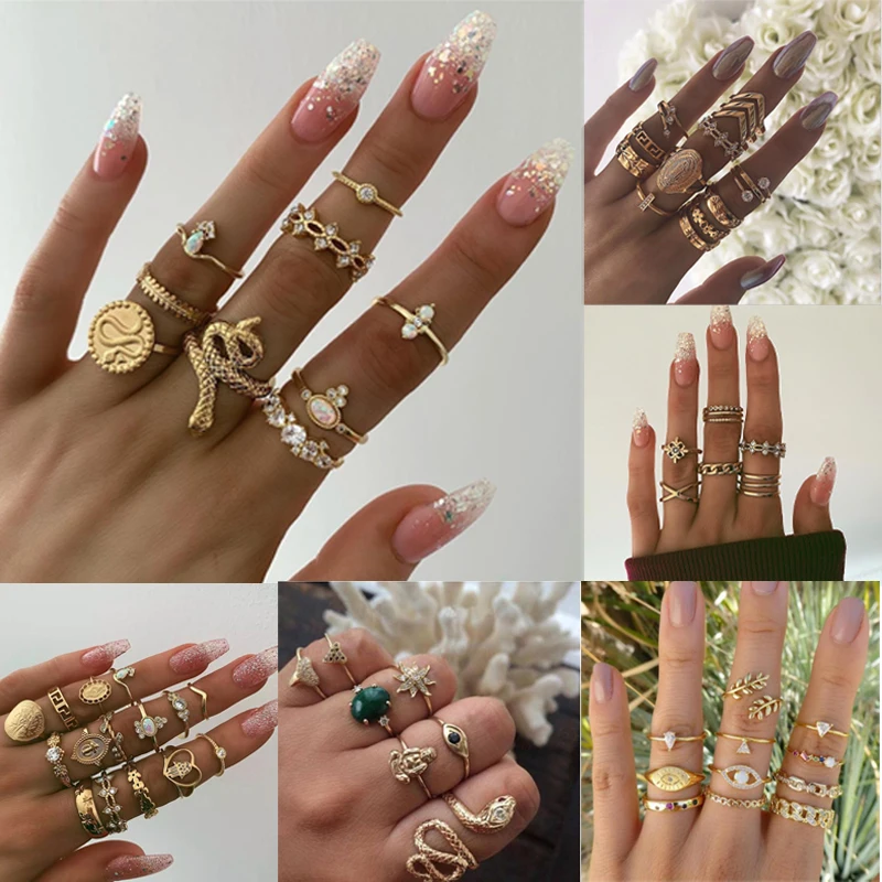 

19 Style Bohemian Snake Rings Set for Women Vintage Buddha statue zodiac lotus Geometric Charm Joint Ring Wedding Jewelry joyas
