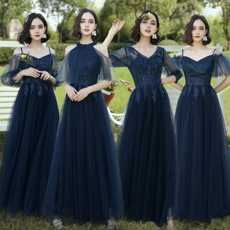 Beauty Navy Blue Bridesmaid Dresses Long Women Wedding Event Party Prom Dresses Lace Up A-Line