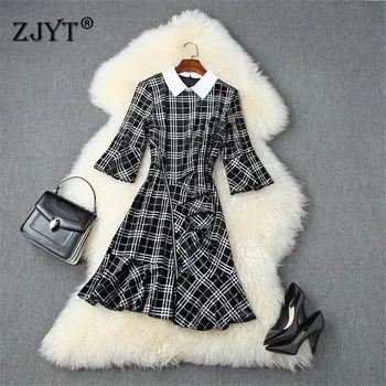 

2020 New Fashion Autumn Women Designers Flare Sleeve Ruffle Patchwork Retro Plaid Casual Dress Female Vestidos