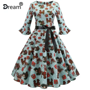 

Vintage Christmas Dress Women Winter Elegant Retro Bow Big Swing Party Dresses Plus Size 2XL Robe Femme Floral Midi Dress