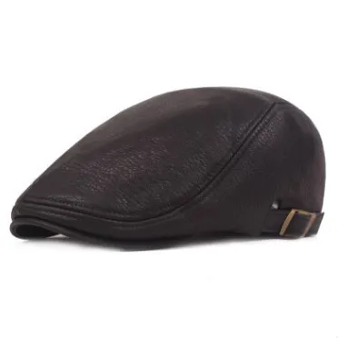 SILOQIN Middle-aged Elderly Winter Warm Hats Beret Men's PU Leather Berets Simple Fashion Imitation Leather Tongue Caps Dad Hat - Цвет: black