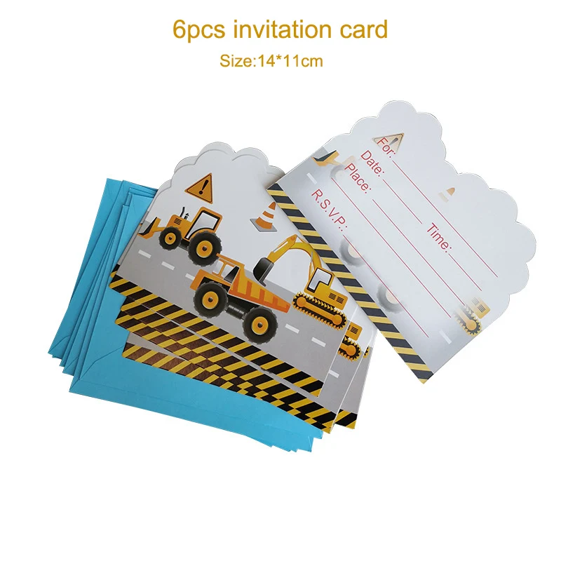 Construction Excavator Party Tableware Decor Paper Plates Cup Banner Hat Boys Baby shower Happy Birthday Party Decoration - Цвет: 6pcs invitation card