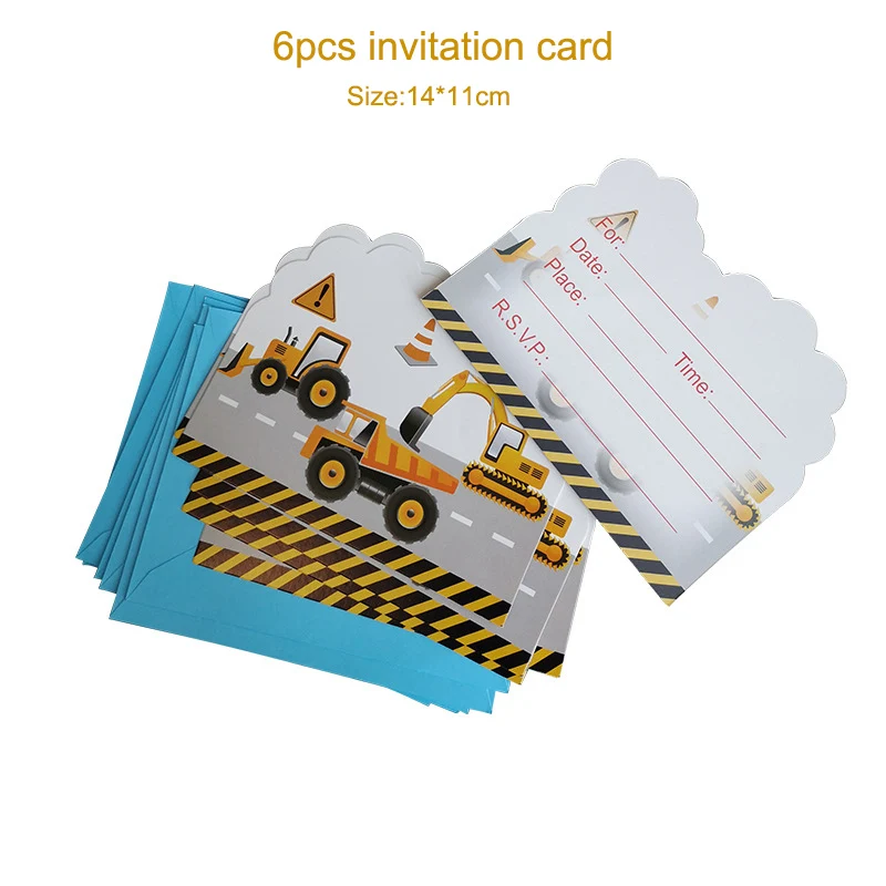 6pcs invitation card Construction Excavator Party Tableware Decor Paper Plates Cup Banner Hat Boys Baby shower Happy Birthday Party Decoration - Цвет: 6pcs invitation card