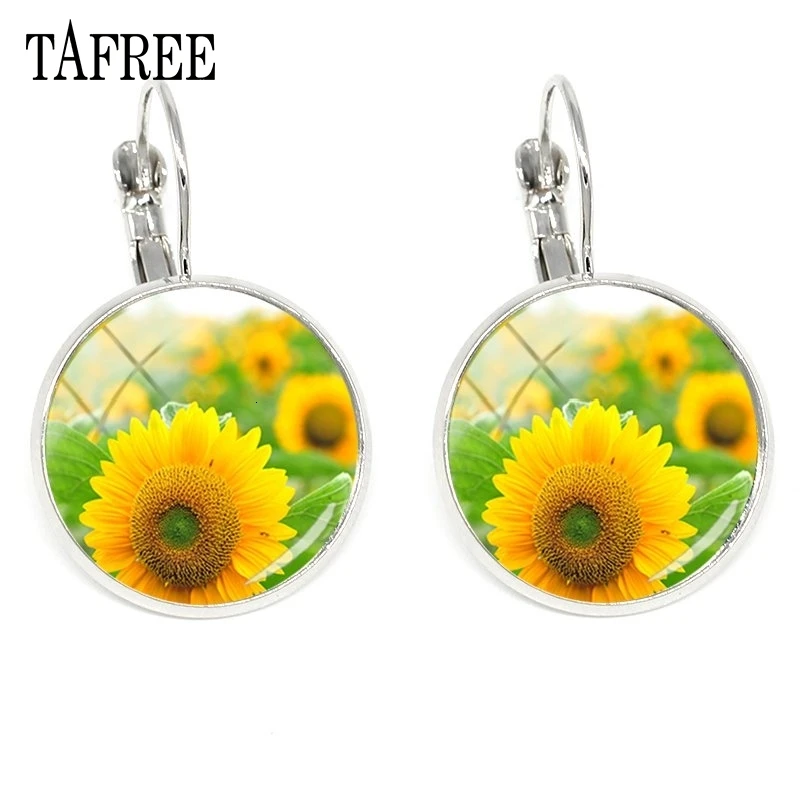TAFREE подсолнечника фото клип серьги стекло, кабошон, серебро цвет ручной работы любимый подарок маме ювелирные изделия XR16