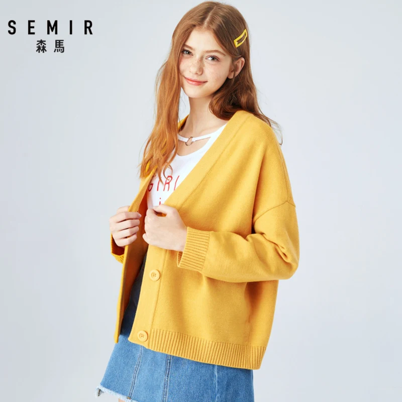 SEMIR вязаный женский кардиган Осень v-образный Вырез Свободный тонкий жакет пальто Простой чистый цвет свитер Одежда