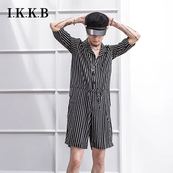 

One-piece male hip hop summer short-sleeved shorts Korean Fashion Personality Vertical Stripes Youth one-piece stage wear