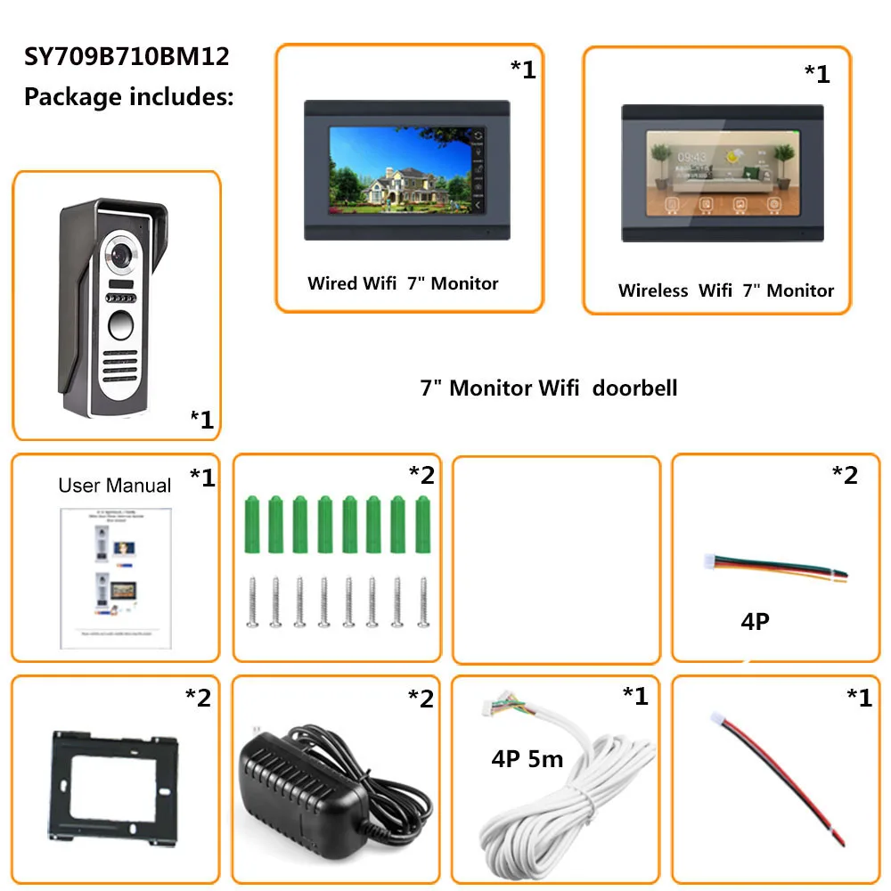 Sistema de Entrada com hd Wired Wifi Vídeo Porteiro Porta Telefone Campainha 1080 p ir Câmera Apoio Remoto App Interfone Desbloqueio 7 12 Interfone com câmera
