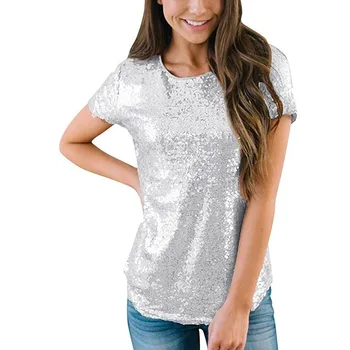 

Hot Sale Blouse Women Sequin Tunic Elegant Tops Casual Short Sleeve Shirts O Neck Party Women Tops ropa mujer блузка женская