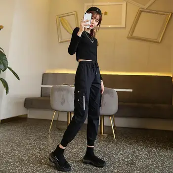 

Cargo Pants Women Elastic Waist Ankle Banded Pants Female Trousers Sport Loose BF Black Cargo Straight Ankle Length Jogger Pants