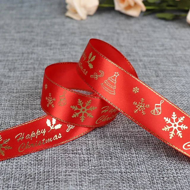 5 Yards 25mm Bronzing Christmas Ribbon Printed Polyester Ribbon For Christmas Decoration Gift Wrapping DIY Sewing Fabric C4 Red