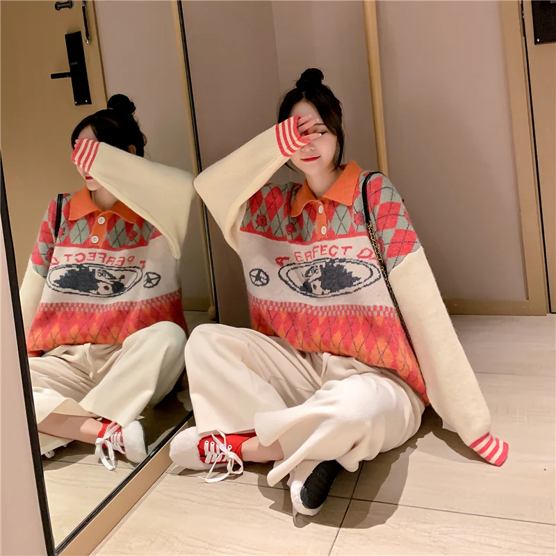 Neploe Loose Crazy Style Retro Knit Letter Print Sweater Turn Down Collar Long Sleeve Button Pullovers Autumn Winter Pull Femme