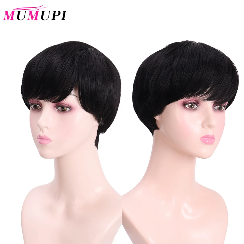 

MUMUPI Black Short Straight Synthetic Hair Wig with Natural Bangs Pixie Cut with Highlights for Women Fluffy