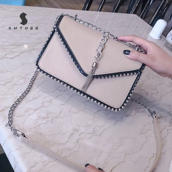 

British Fashion Simple Small Square Bag Women's Designer Handbag High-Quality PU Leather Rivet Tassel Chain Shoulder Bags