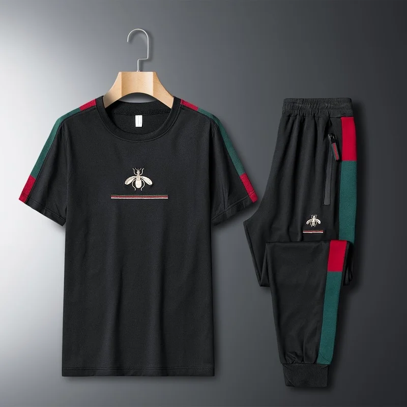 Men's Sportswear Tracksuit Men Elastic Waist Patchwork Letter 2 Pc Set Shorts O-neck T Shirt Joggering Sports Sportsuit Clothes | Мужская