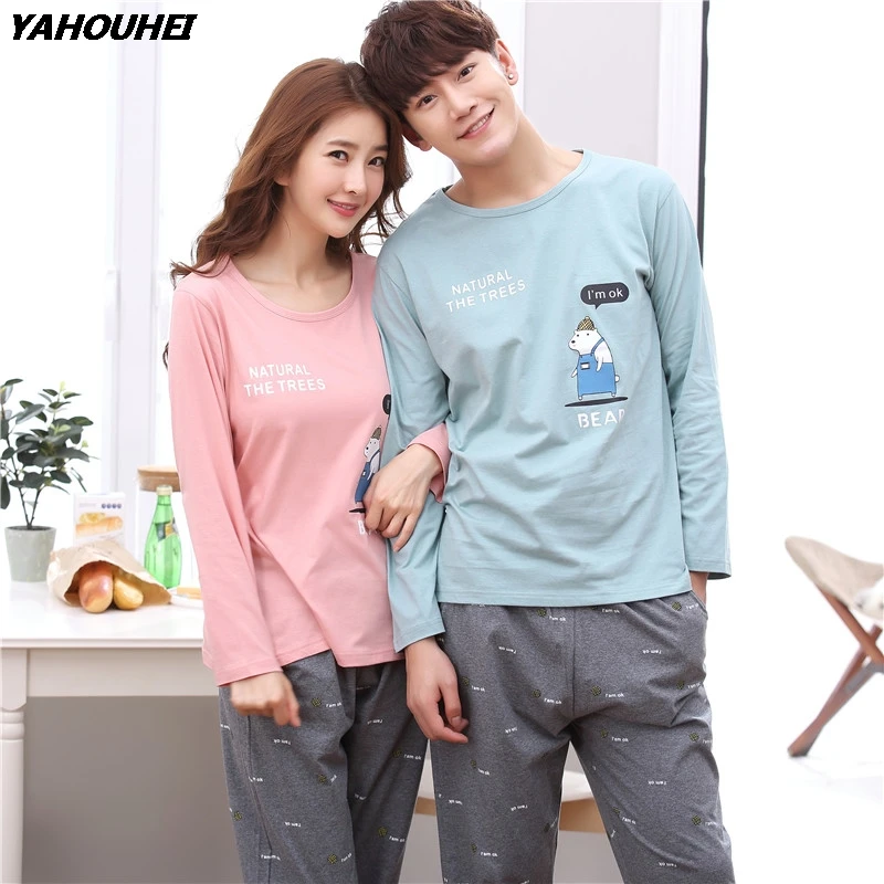 

High Quality 100% Cotton Pajama Set For Women 2020 Autumn Couples Casual Striped Long Sleeve Pyjama Men Lounge Homewear Clothing