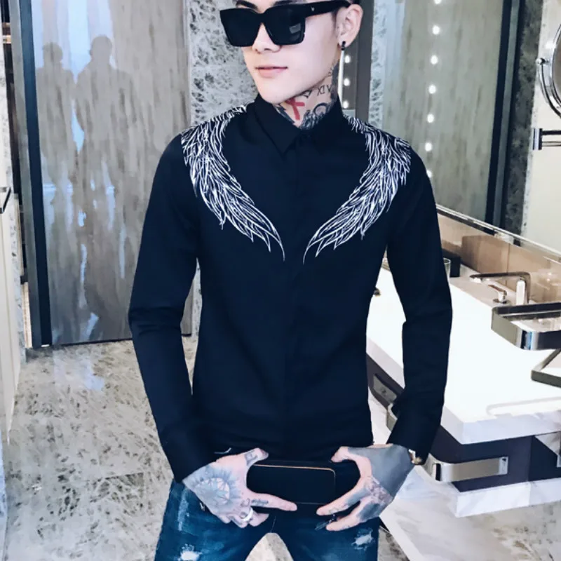 Принт в виде крыльев, мужские рубашки с длинным рукавом Camisa Masculina Повседневное Slim Fit платье мужской футболка с коротким рукавом для ночного клуба вечерние уличная социальные рубашки - Цвет: Черный