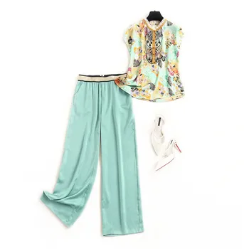 

Elegant Lady Summer Sets 2020 New Women's Pants 2 Piece Set Outfits Lace Patchwork Chiffon Shirt and Pants Suit Matching Set