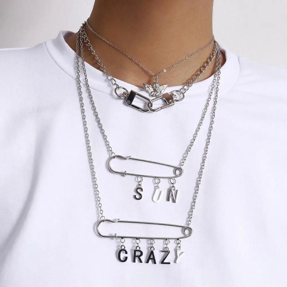 Lacteo Dark Gothic Big Lock Key Angel Pendant Necklace Punk Hip Hop Three Style Choker Necklace Jewelry for Men and Women Gift