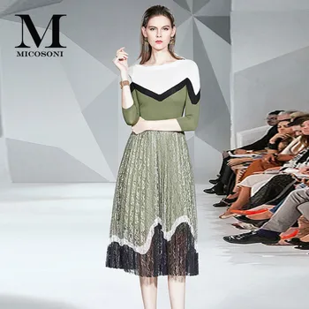 

High-End Quality Stitching Lace Fashion Knitting Suit White Green Color Top + Western Pleated Skirt Two-Piece Set 2020 New Brand