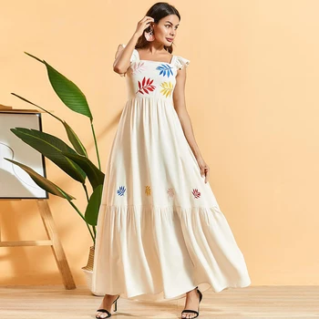 

Siskakia White Spaghetti Strap Maxi Dress Sweet Sleeveless Colored Leaves Embroidered Bohemian A Line Swing Pleated Dress Summer