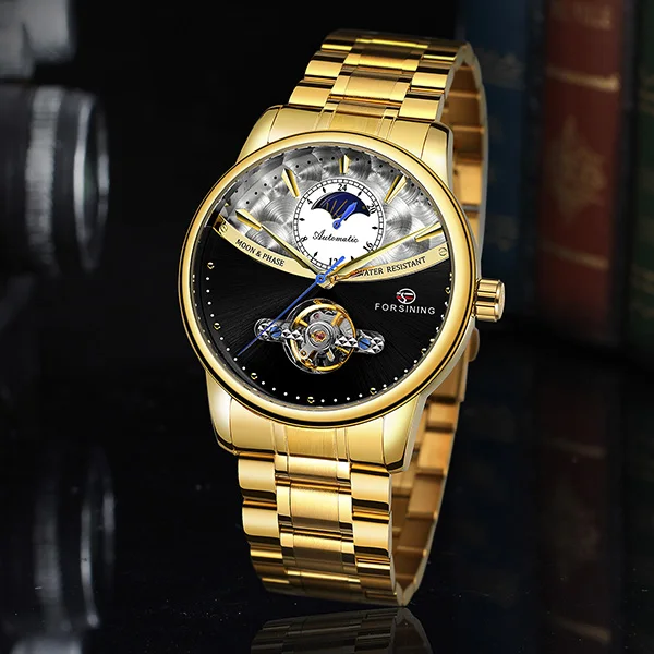 FORSINING Топ бренд класса люкс Мода Tourbillon Мужские часы механические Автоматические наручные часы для мужчин часы Relogio Masculino - Цвет: GoldBlack