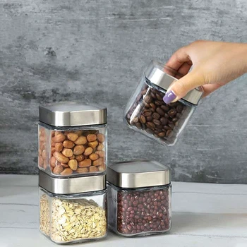 

3PCS Kitchen Canister Sets With Stainless Steel Lid 250ML Small Sealed Glass Storage Bottles For Tea Honey Grains Dry Foods