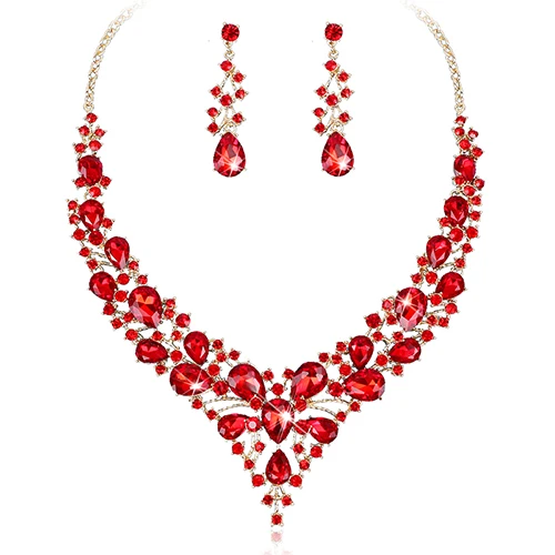red in gold Модные серьги с австрийскими кристаллами, ожерелье, индийские свадебные ювелирные наборы, подходят для свадебного костюма, рождественские подарки для женщин - Окраска металла: red in gold