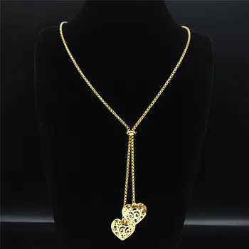 Fashion Stainless Steel Heart Necklace for Women Gold Color Long Necklace Jewelry acero inoxidable joyeria mujer N1373S03