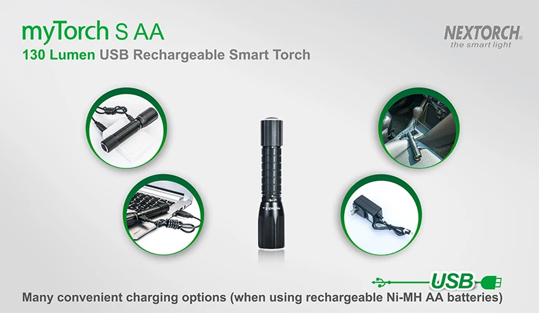 NEXTORCH myTorch S AA легкий USB Перезаряжаемый EDC фонарик 130 люмен для кемпинга, рыбалки, бега