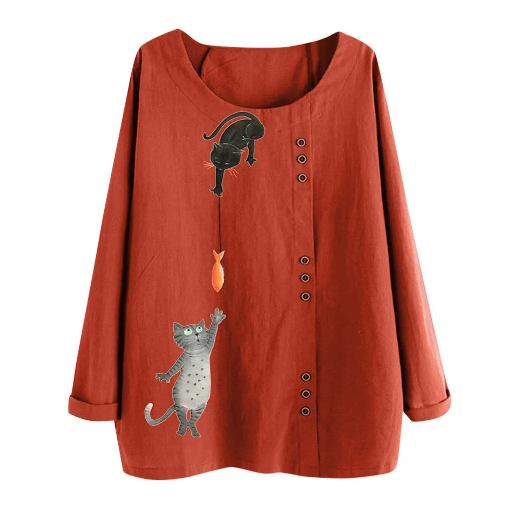 Blusas mujer de moda размера плюс женская хлопковая Льняная блуза с длинными рукавами и круглым вырезом с цветочным принтом