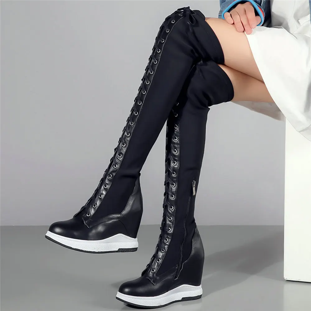 2021 Platform Pumps Shoes Women Genuine Leather Wedges High Heel Over The Knee Boots Female Stretchy Thigh High Fashion Sneakers