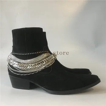 

Men rivet luxury designer leather brand chain tassel suede Boots wedge cowboy genuine leather personality botas real Picture