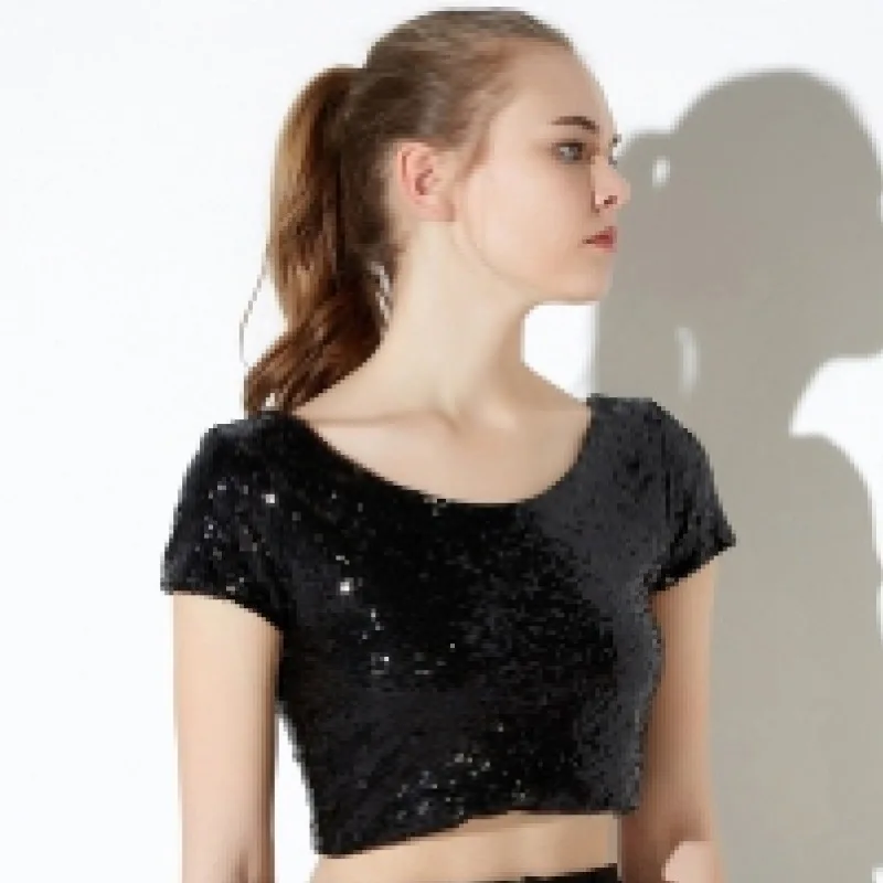Футболка женская Блестящая с коротким рукавом блестящий кроп-топ блестками