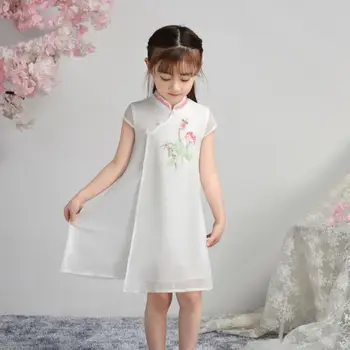 

High Quality Chinese Traditional Girls Embroider Flower Cheong-sam Casual Dresses Children Perform Qipao Dress