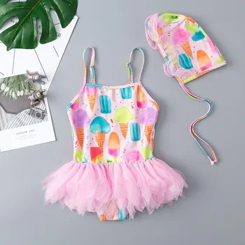

Hot Kids Baby Girls 2 Piece Swimwear Baby Kids Girls Cute Ice Cream Print One Piece Swimwear Summer Swimsuit Hat Set #3.5