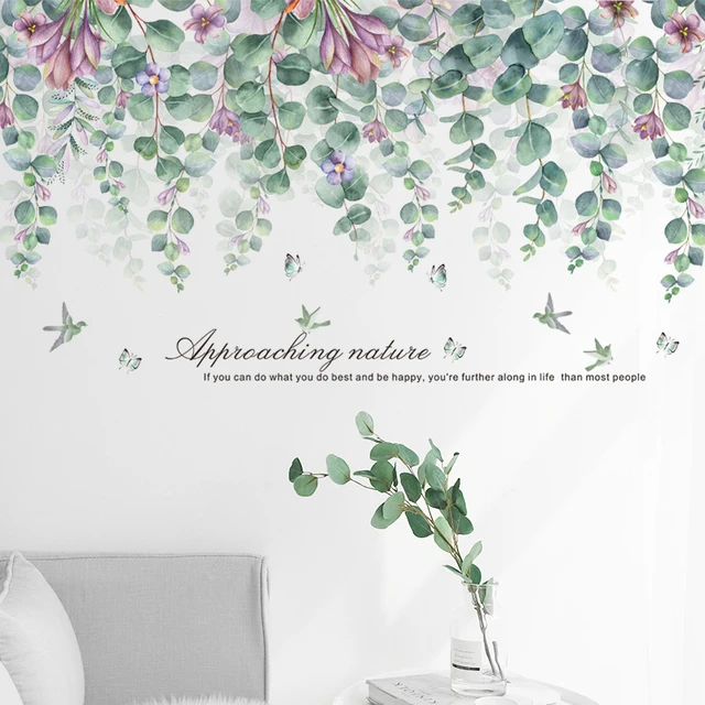 Stickers muraux 110x51cm, feuilles vertes, roses, fleurs, plinthes