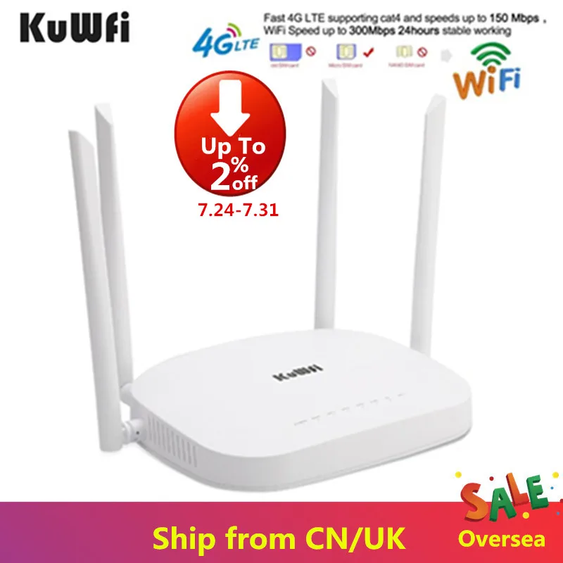 KuWfi 4G CPE маршрутизатор 3G/4G LTE Wifi 300 Мбит/с беспроводной роутер с 4 внешними антеннами