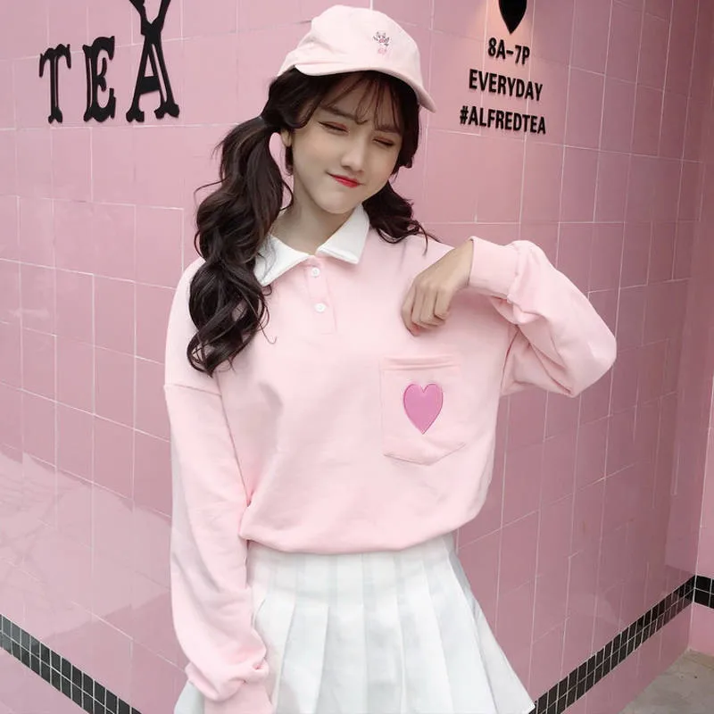 

Spring Women Hoodies Long Sleeve Kawaii Boyfriend Style Hoodie Autumn Streetwear Harajuku Cute Heart Print Sweatershirt Female