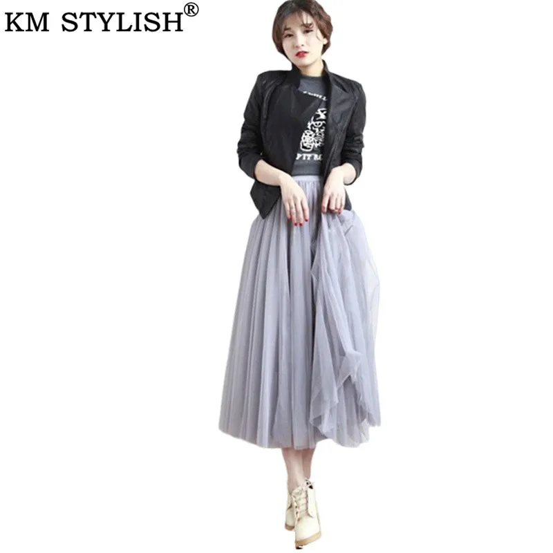 

2019 Spring/Summer New Mesh Tuille Skirt Women's High Waist Medium Long A-Line Pleated Black Gauze Skirt