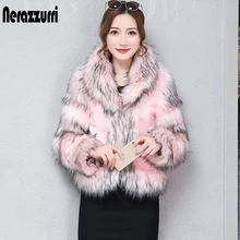 nerazzurri winter pink furry faux fur coat women short warm shaggy fluffy fox fur top plus size patchwork faux fur jacket 5xl
