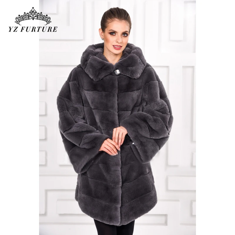 Стиль, зимние пальто из натурального меха, женская натуральная куртка с мехом кролика рекс с капюшоном, Толстая теплая роскошная женская шуба, верхняя одежда, RB-086